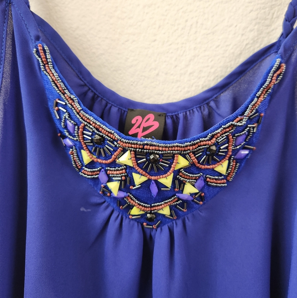 2B Bebe Women's Crop Tank Top Y2K Beaded Collar Accent Flowy‎ Blue Size Small - Picture 2 of 8